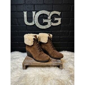 UGG Australia 🤎Brown Suede Shearling Cuff Lace Up Wedge Boots Waterproof